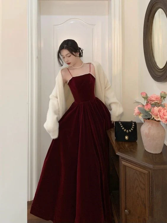 Spaghetti Straps Burgundy Velvet Prom Dress Simple Prom Dress Party Dress Y659