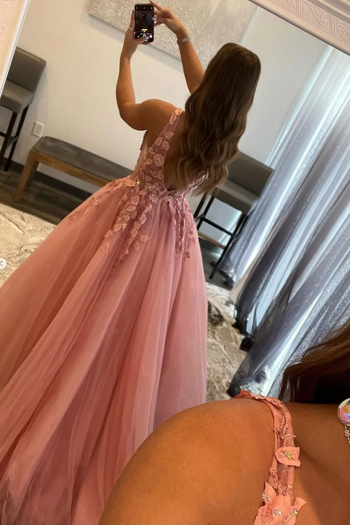V Neck Open Back Beaded Pink Lace Long Prom Dresses, Pink Tulle Formal Dresses with Lace Appliques Y373