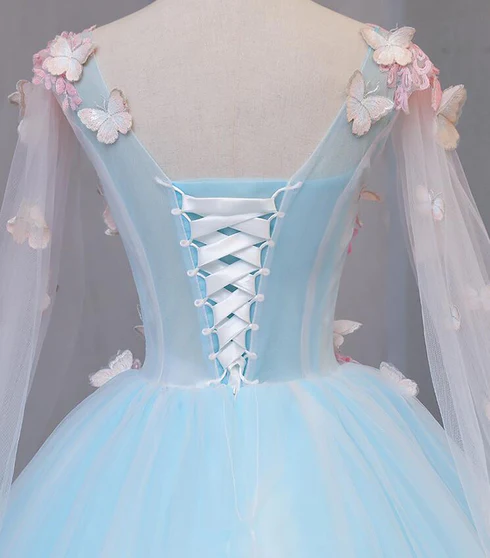 Beautiful Light blue Butterfly Lace Prom Dresses, Sweet 16 Formal Dresses Y1137