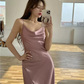 Elegant Spaghetti Strap Silk Side Slit Midi Semi Formal Dress,Sexy Slim Evening Dress For Women Y1197