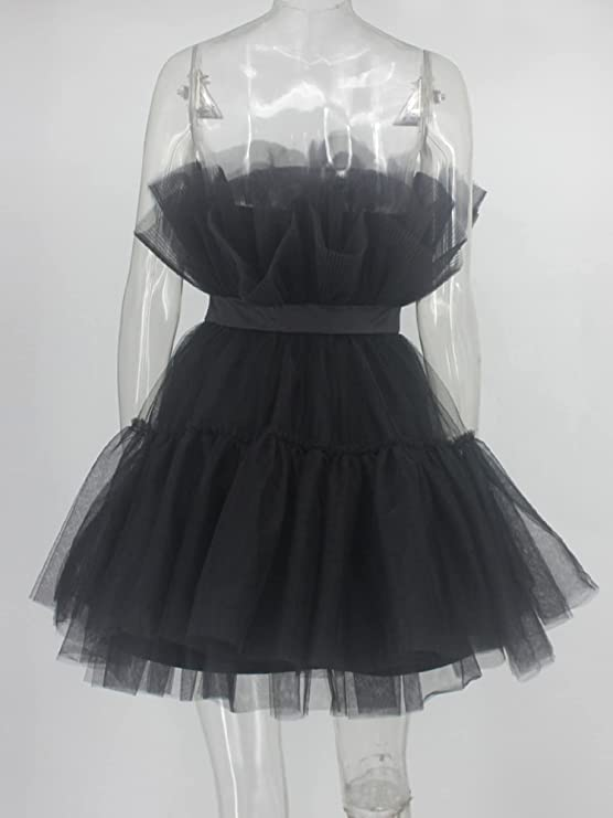 Women's Tulle Princess Mini Dress Ruffle Mesh Party Prom Wedding Tutu Fairy Dress Black Homecoming Dress Y512