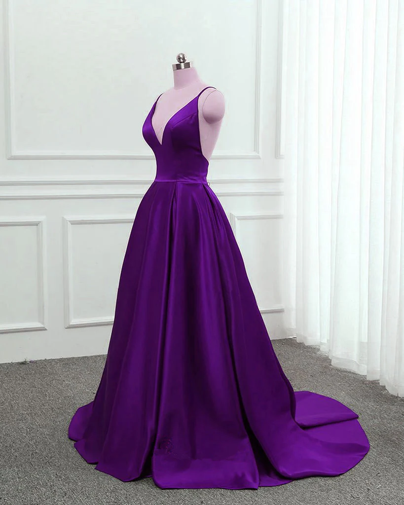 Dark Purple Satin Cross Back Straps V-Neckline Party Dress, New Prom Dress Y1049