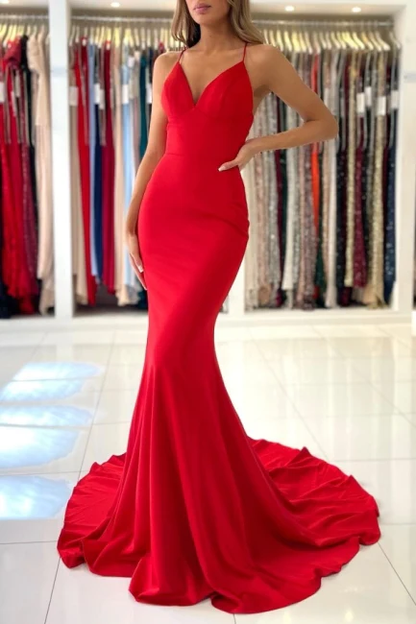 Exquisite Red Spaghetti Straps Sleeveless Mermaid Satin Prom Dresses Y150