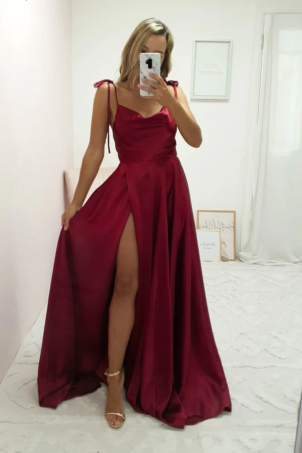 Dark Red Cowl Neckline Satin Long Prom Dress Simple Senior Prom Dress Y494