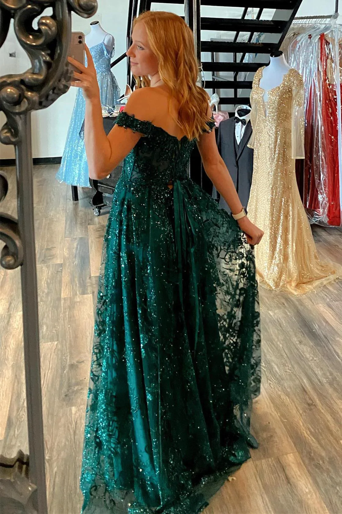 Off the Shoulder Green Long Prom Dress Y195