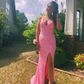 Pink Halter Neckline Sequins Prom Dress Sexy Evening Dress Side Slit Y268