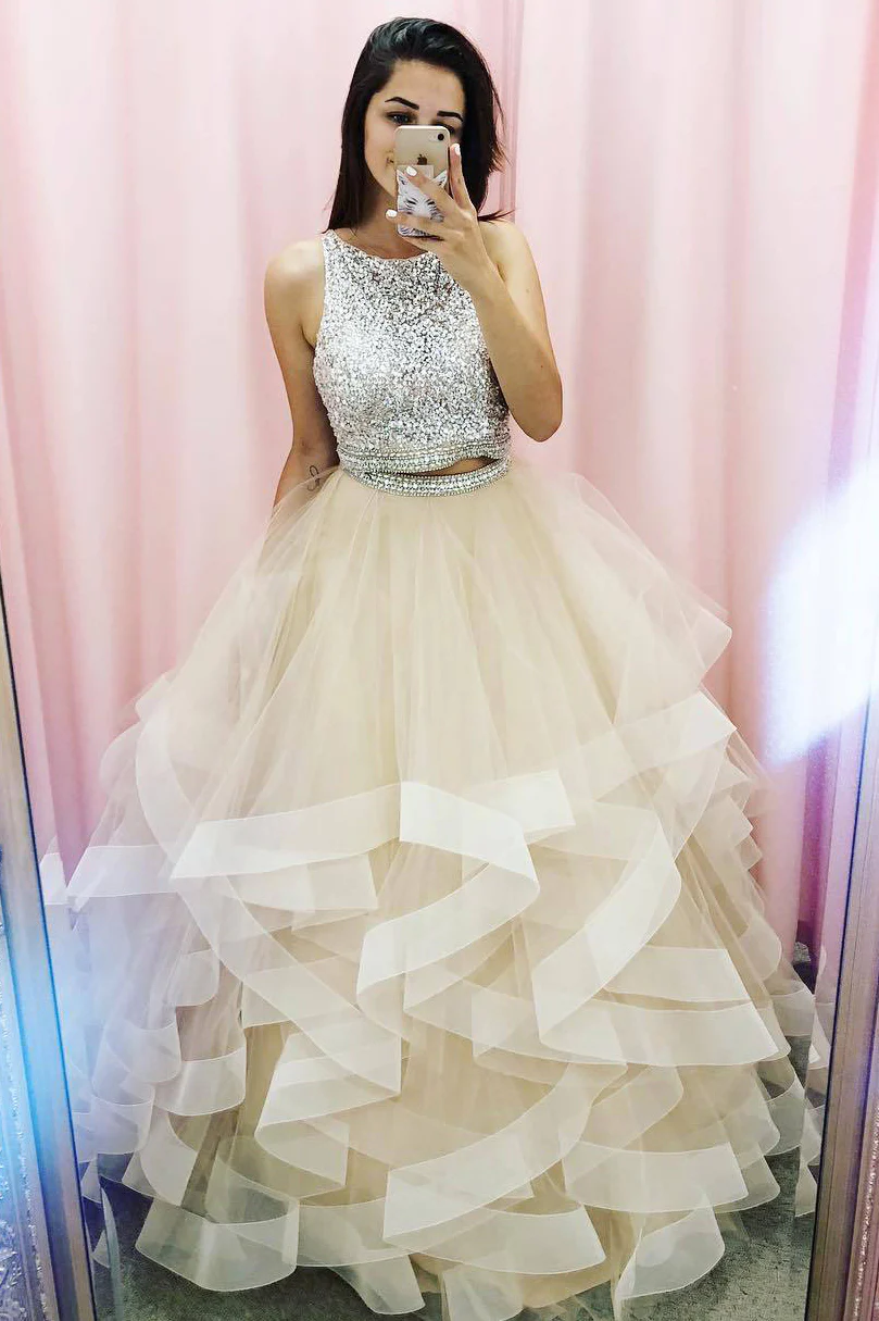 Princess Two Piece Champagne Prom Dress with Sequins Top Y943