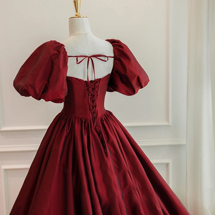 Burgundy Short Sleeves Floor Length Long Evening Dresses Y1031
