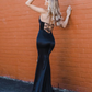 Simple black satin mermaid long prom dress, black evening dress Y250