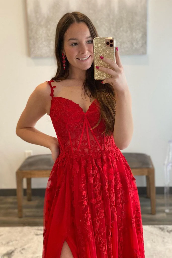 V Neck Tulle Red Lace Long Prom Dress with High Slit, Red Lace Formal Dress, Red Evening Dress Y217