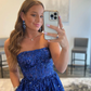 Blue A line tulle sequin long prom dress, blue tulle evening dress Y249