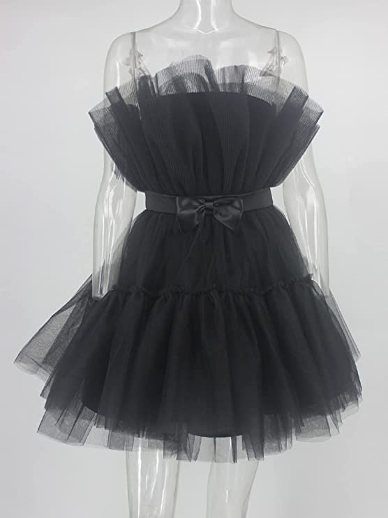 Women's Tulle Princess Mini Dress Ruffle Mesh Party Prom Wedding Tutu Fairy Dress Black Homecoming Dress Y512