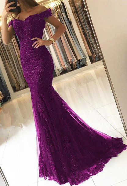 Off Shoulder Lace V-neck Mermaid Prom Dresses Purple Formal Evening Gowns Y198