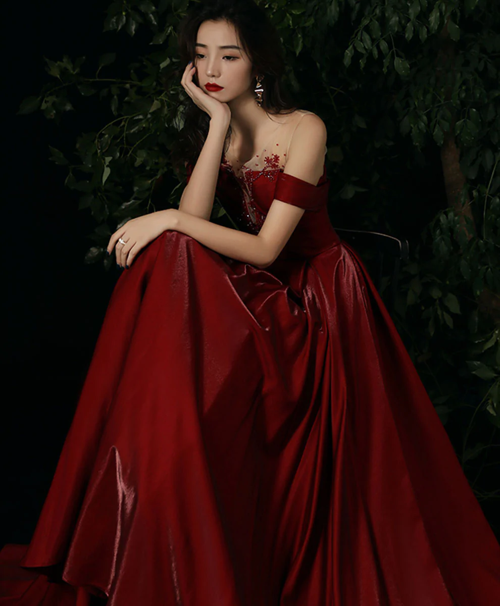 Burgundy Round Neck Beading Long Prom Dress, Burgundy Formal Graduation Dress Y1404