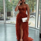 Rust Red Sweetheart High Low Tiered Formal Dress,Tulle Long Evening Prom Dresses Y1108
