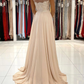 Champagne chiffon lace long prom dress, champagne bridesmaid dress Y46