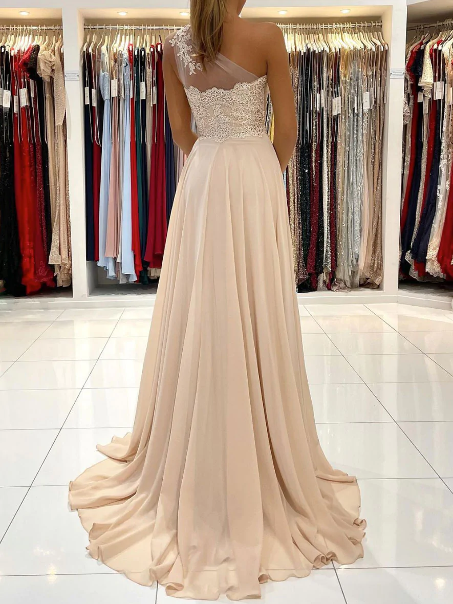 Champagne chiffon lace long prom dress, champagne bridesmaid dress Y46