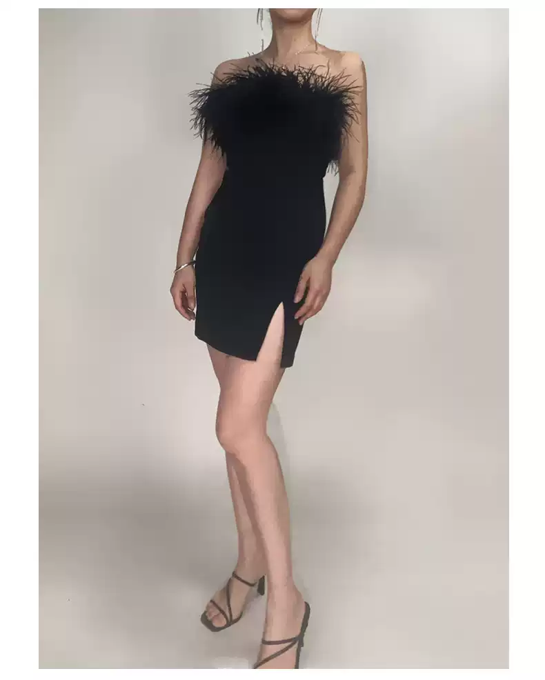 Womens Feather Off Shoulder Bandage Dresses Side Split Cocktail Party Bodycon Dress Black Short Homecoming Dress Y1356