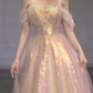 A Line Tulle Sequin Long Prom Dress, Off Shoulder Formal Graduation Dress Y1491