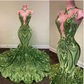 Sparkly Sequins Olive Green Mermaid African Prom Dresses Black Girls Jewel Neck Illusion Long Graduation Dress Plus Size Formal Sequined Evening Dress S11993