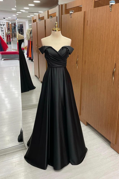 Off Shoulder Black Satin Long Prom Dress, Long Black Formal Graduation Evening Dress Y201