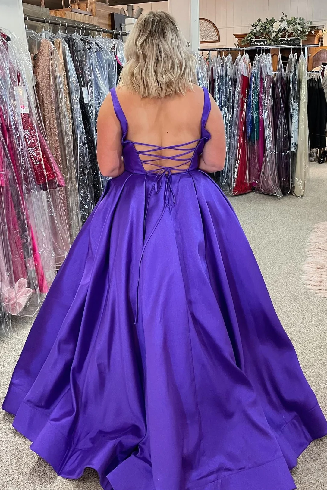 Simple Purple A-line Long Prom Dress with Pockets Plus Size Y372