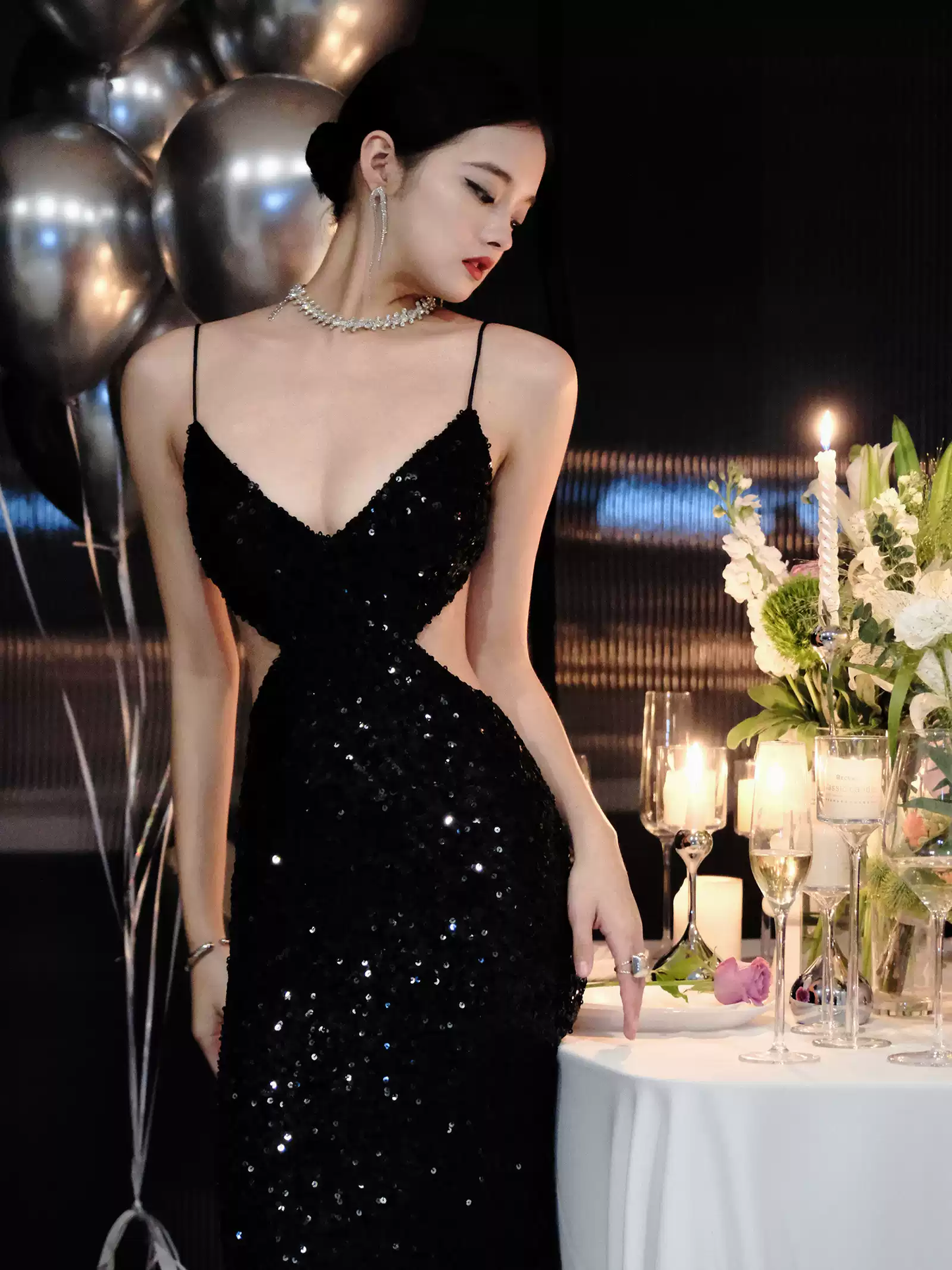 Black Sequins Sparkling Evening Dress,Sexy Backless Evening Gown Y1124