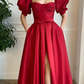 Red satin tea length prom dress Y238
