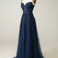 A-line Navy Blue Prom Dress Lace Tulle Evening Dress Y382