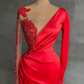 Long Red Satin Evening Dresses, Sheer Neckline Long Sleeve Beaded African High Slit Women Formal Prom Dress S24678