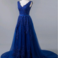 Romantic Tulle & Lace V-neck Neckline A-line Prom Dress With Beaded Lace Appliques & Belt  Y938