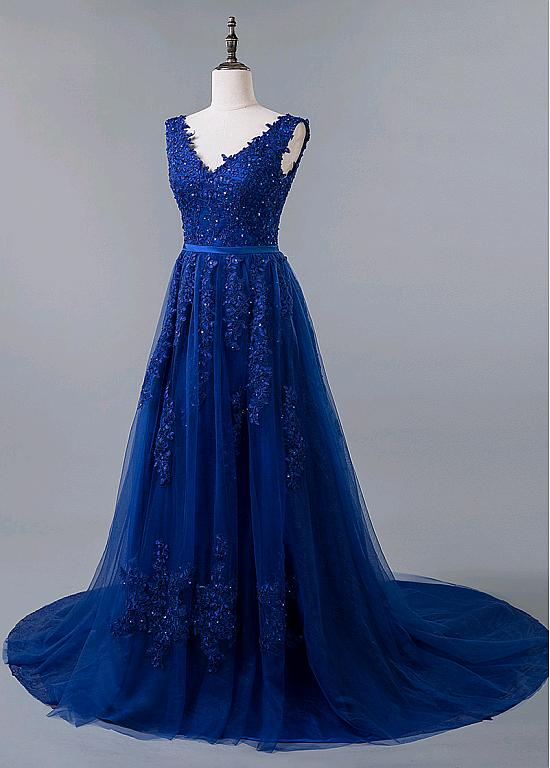 Romantic Tulle & Lace V-neck Neckline A-line Prom Dress With Beaded Lace Appliques & Belt  Y938