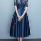 Blue Short Sleeves Tea Length Prom Dress, Blue Bridesmaid Dresses, Wedding Party Dresses Y1323
