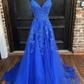 A Line V Neck Blue Tulle Lace Long Prom Dresses, V Neck Blue Formal Dresses, Blue Lace Evening Dresses Y1268