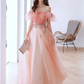 Pink Off Shoulder Tulle Long Prom Dress, Pink Tulle Formal Dress Y584