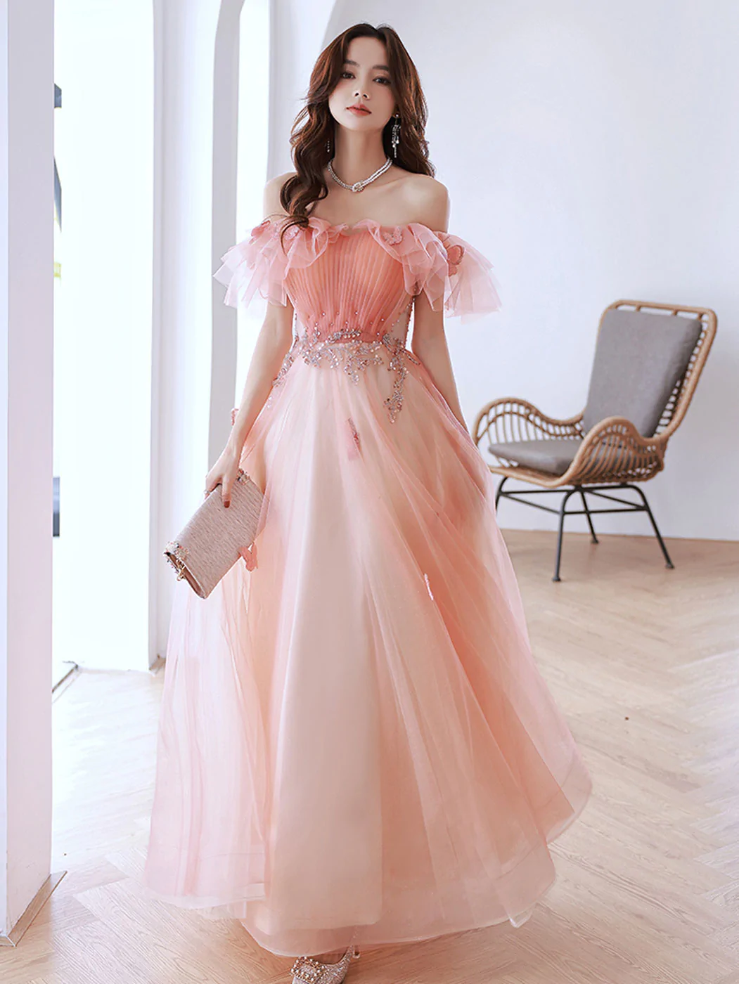 Pink Off Shoulder Tulle Long Prom Dress, Pink Tulle Formal Dress Y584
