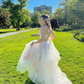 Cute A Line V Neck Light Pink Tulle Prom Dresses with Appliques Y1474