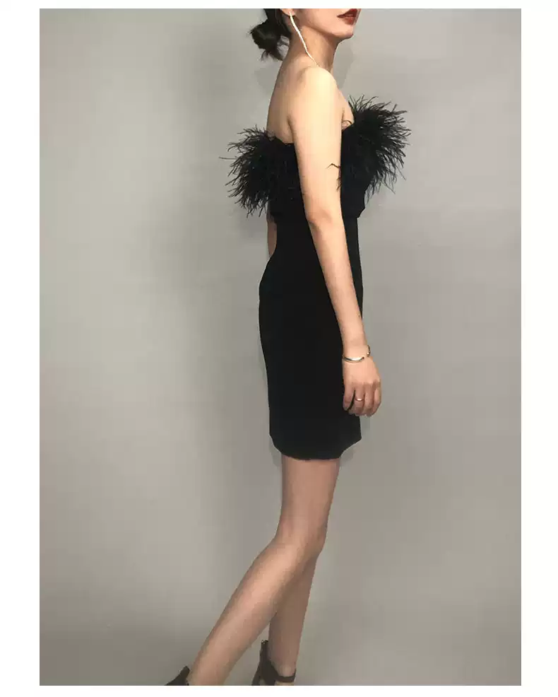 Womens Feather Off Shoulder Bandage Dresses Side Split Cocktail Party Bodycon Dress Black Short Homecoming Dress Y1356