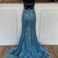 Long Sequined Blue Straps Prom Dress with Feather Hem Y340