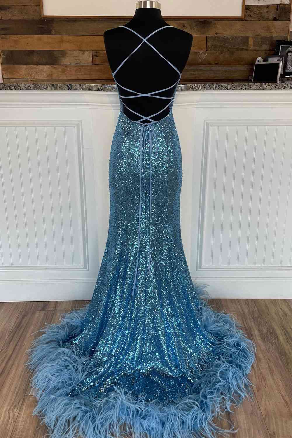 Long Sequined Blue Straps Prom Dress with Feather Hem Y340