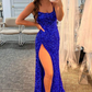 Glitter Sequin Prom Dresses High Slit formal dress Royal Blue Evening Dress Y75