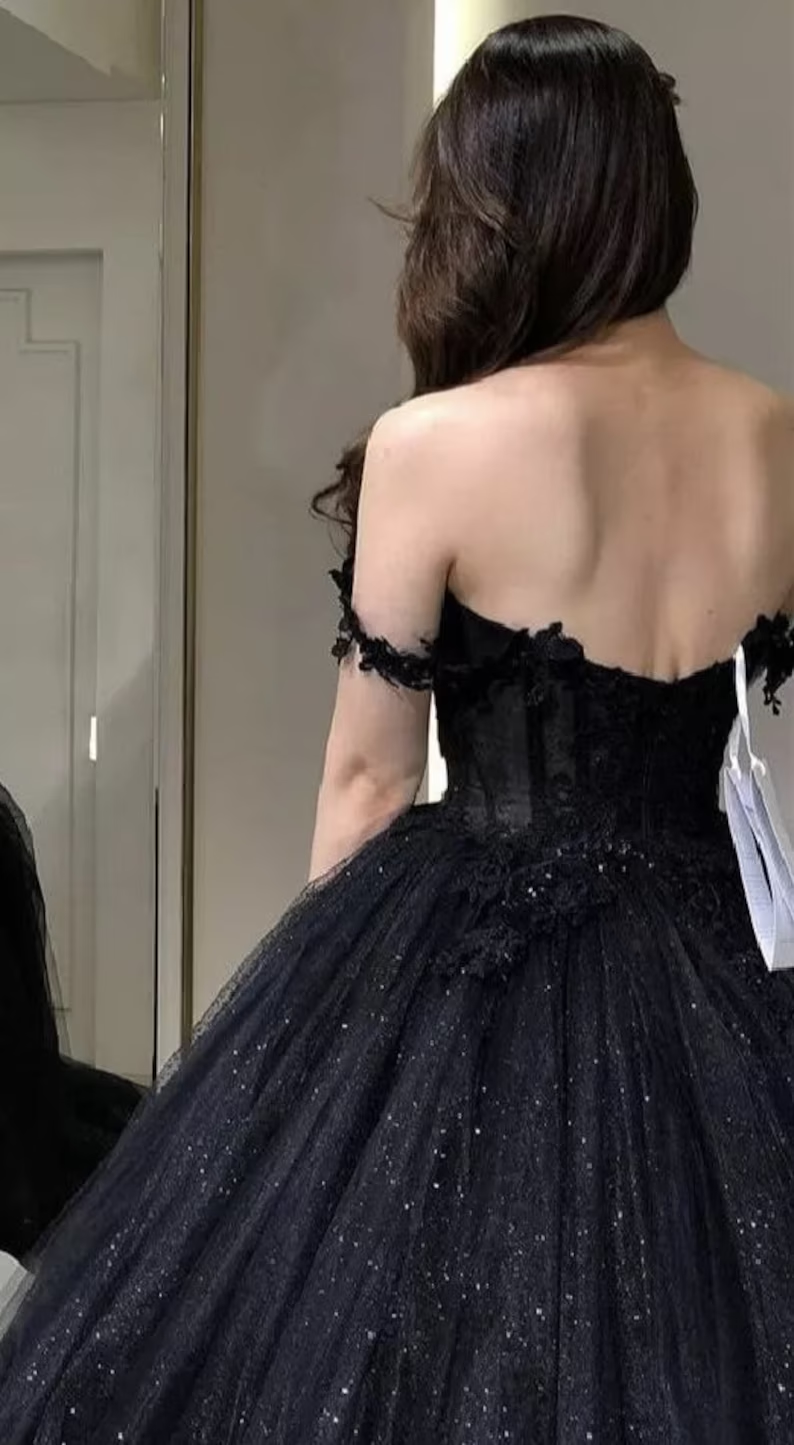 Lace Applique Tulle Dress, Black Glitter Wedding Dress, 3D Flowers Long Evening Dress Y1625