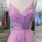 Shiny V Neck Backless Long Purple Prom Dress, Backless Purple Formal Graduation Evening Dress Y917