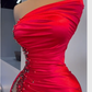 Red Asymmetrical Neckline Satin Pleated High Slit Evening Dress Charming Formal Gown Y379