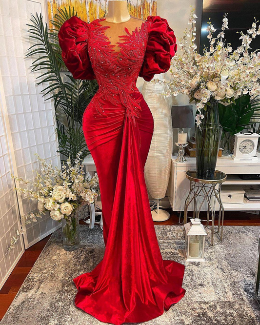 red prom dresses, lace prom dresses, mermaid prom dresses, beaded prom dresses, arabic prom dresses Y394