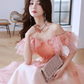 Pink Off Shoulder Tulle Long Prom Dress, Pink Tulle Formal Dress Y584