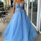 Blue Tulle Lace Long Prom Dresses, A-Line Off the Shoulder Evening Dresses Y1414