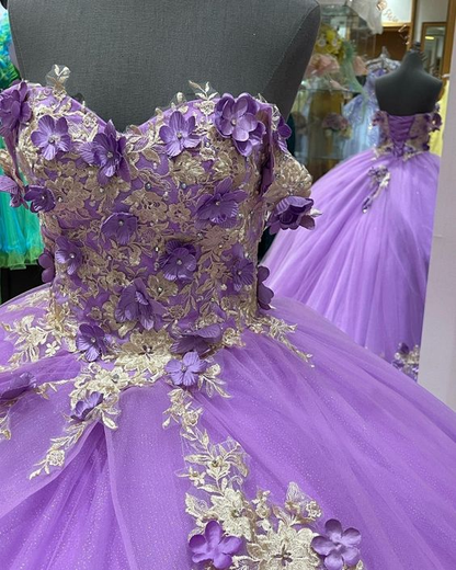Women's Puffy Dress with Appliques Light Purple Ball Gown Y1091