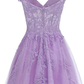 Purple Floral Tulle Short Homecoming Dress with Lace Rhinestones Appliques Y857