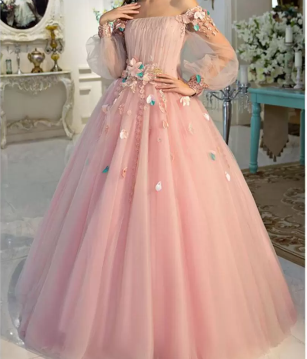 Long Sleeve Prom Dresses, Pearl Pink Ball Gown Long Floral Fairy Prom Dress S24387